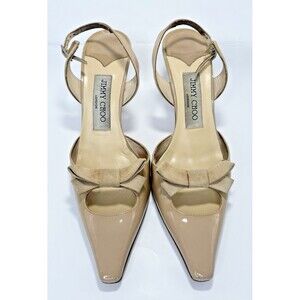 Jimmy Choo Nude Slingback Pumps w/ Ribbon Detail Patent Leather Sz EU 36.5 6.5